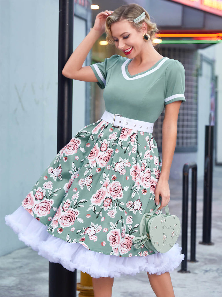 Blau 1950er Floral Patchwork Swing Kleid