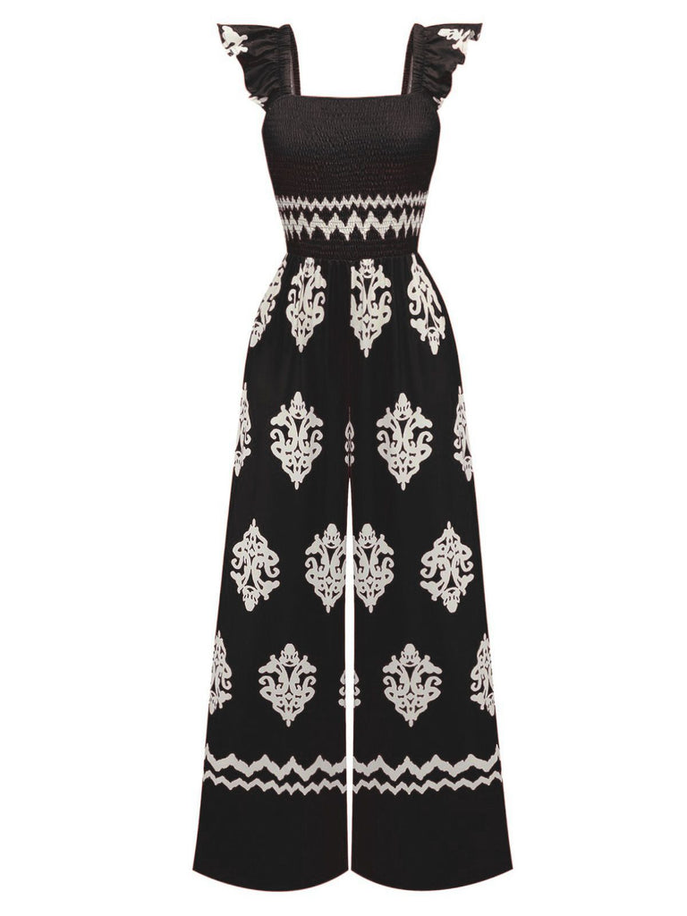 1970er Boho Geometrisch Quadratischer Hals Jumpsuit