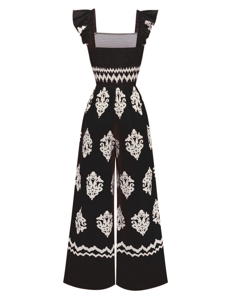 1970er Boho Geometrisch Quadratischer Hals Jumpsuit