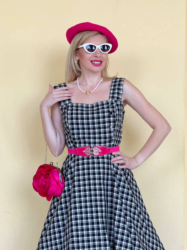 2PCS 1950er Revers Gerollte Ärmel Plaids Mantel & Träger Kleid