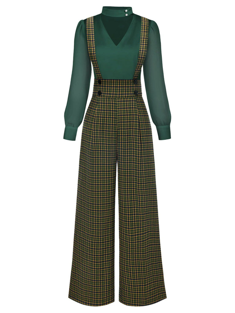 2PCS Grün 1940er Satin Puffärmel Bluse & Glen Plaid Overall Hose