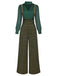 2PCS Grün 1940er Satin Puffärmel Bluse & Glen Plaid Overall Hose
