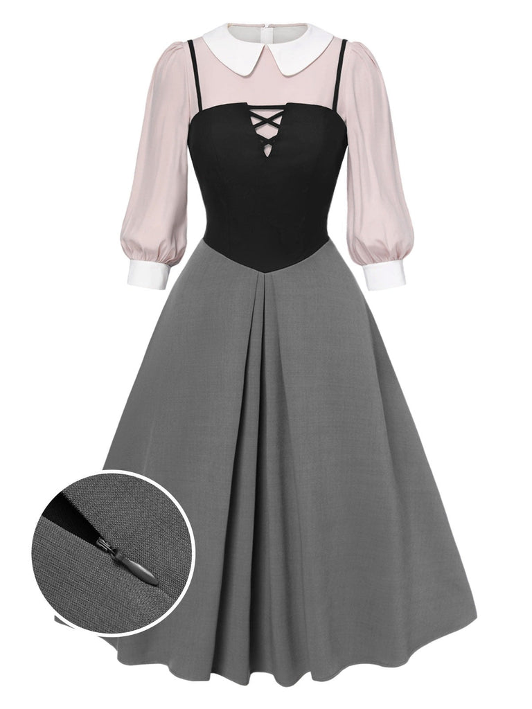 2PCS 1940er Farbblock Rosa Bluse & Grau Kleid