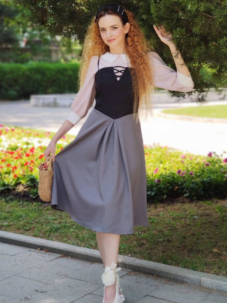 2PCS 1940er Farbblock Rosa Bluse & Grau Kleid