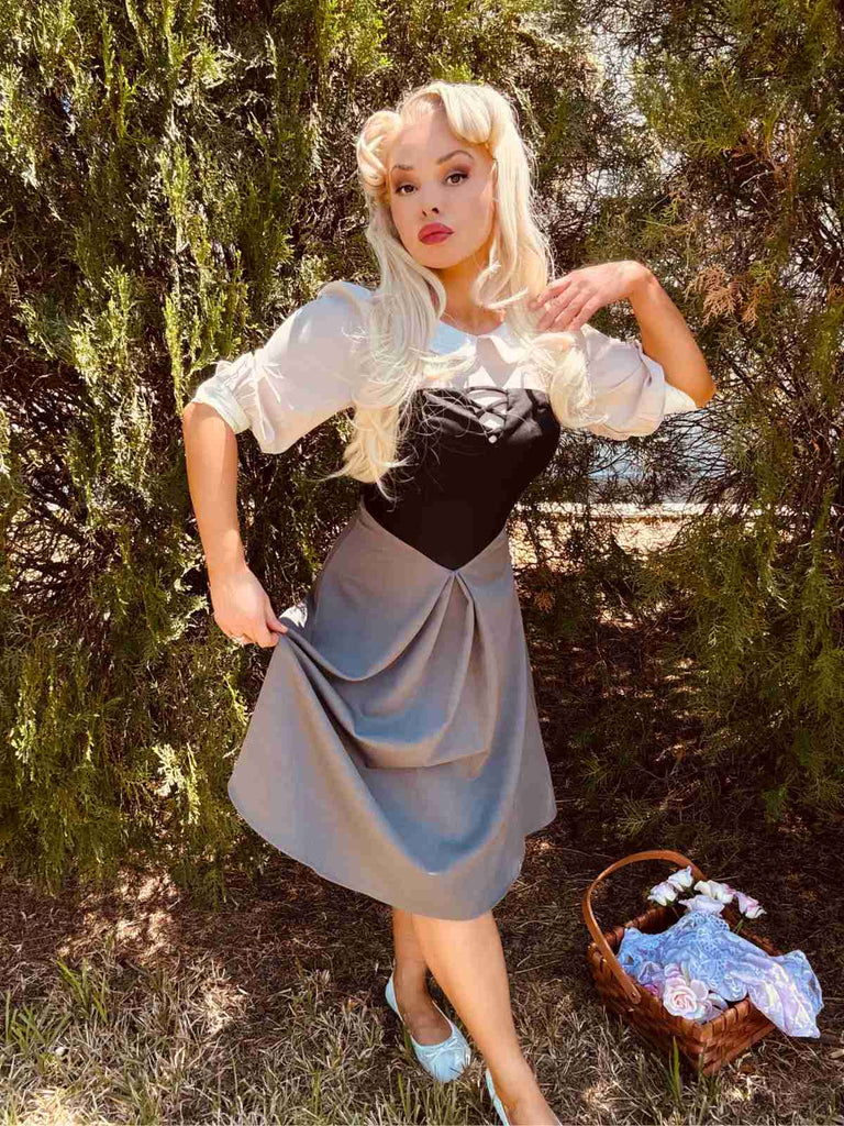 2PCS 1940er Farbblock Rosa Bluse & Grau Kleid