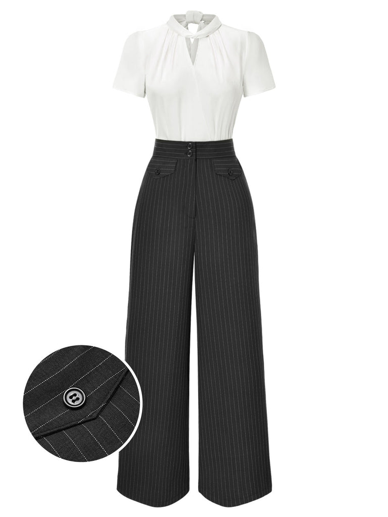 2PCS 1930er Weiß Satin Bluse & Grau Nadelstreifen Hosen