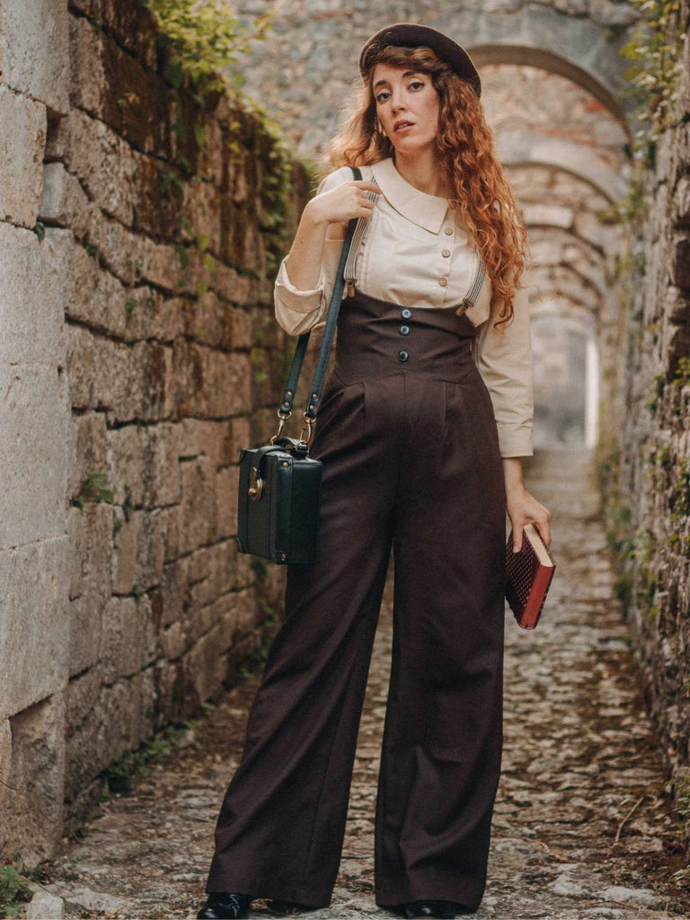 2PCS 1930er Baumwolle Solide Bluse & Latzhose