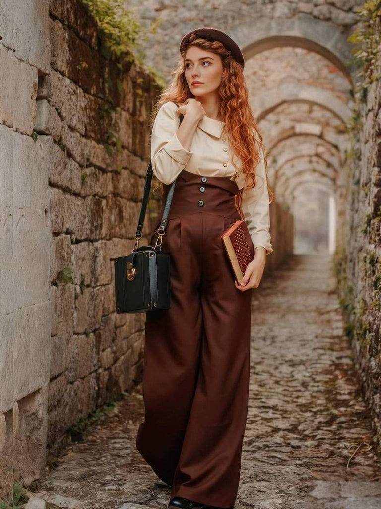 2PCS 1930er Baumwolle Solide Bluse & Latzhose