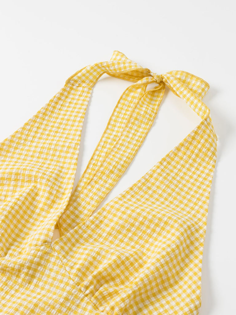 Gelb 1960er Halfter V-Ausschnitt Plaids Kleid