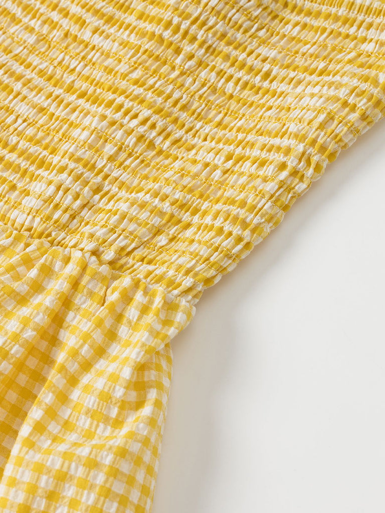 Gelb 1960er Halfter V-Ausschnitt Plaids Kleid