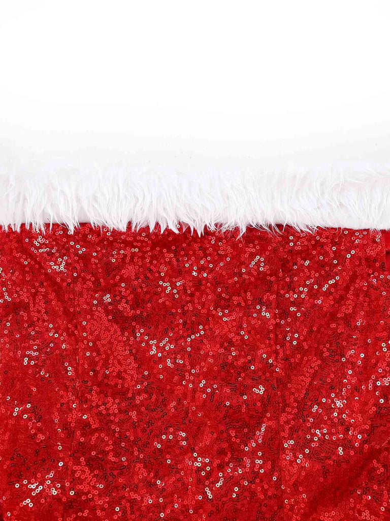 Rot 1970er Weihnachten Pailletten Schulterfrei Plüschbesatz Kleid