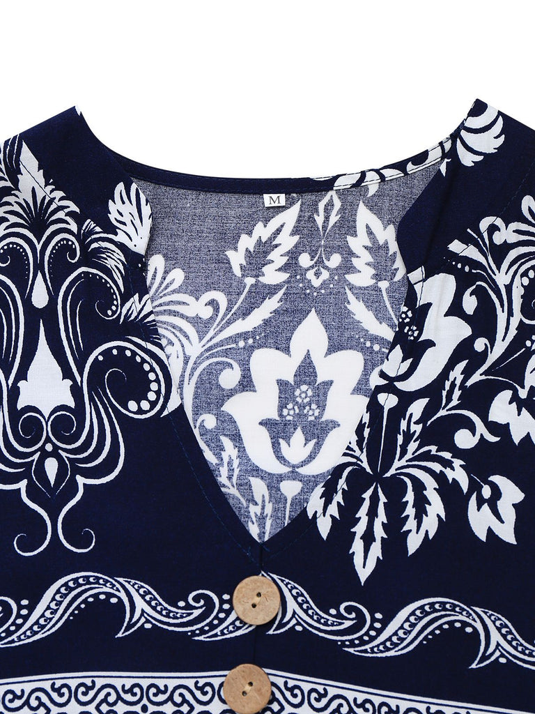 1970er Boho V-Ausschnitt Taste Gürtel Kleid