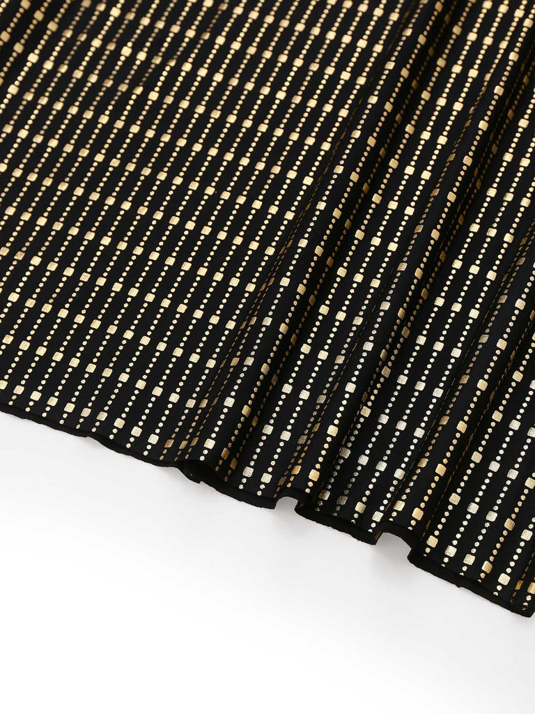 Schwarz 1970er Glockenärmel Sheer Gürtel Disco Kleid