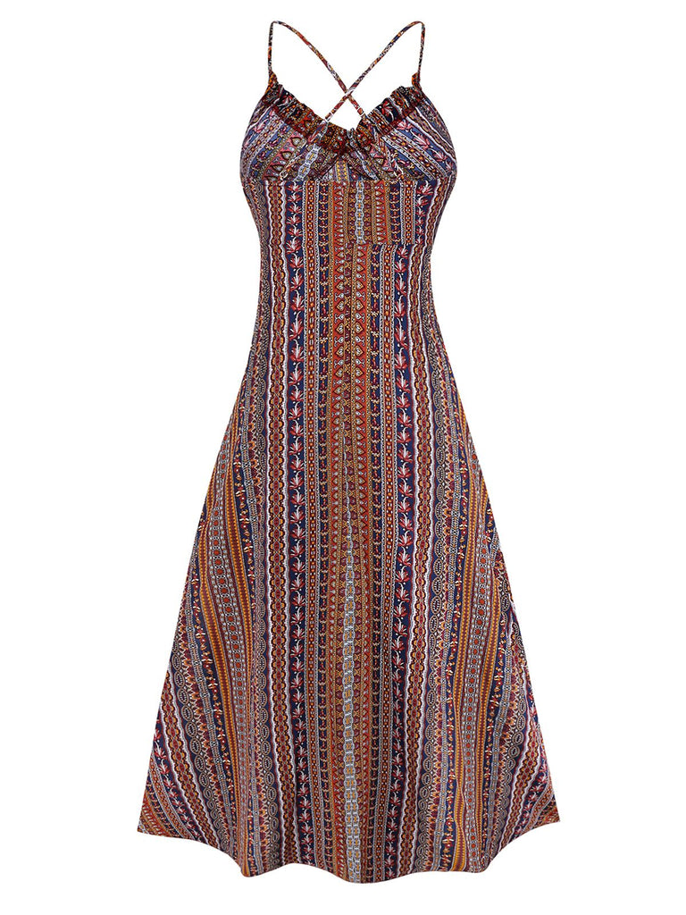 1970er Unregelmäßiger Druck Rückenfrei Boho Kleid