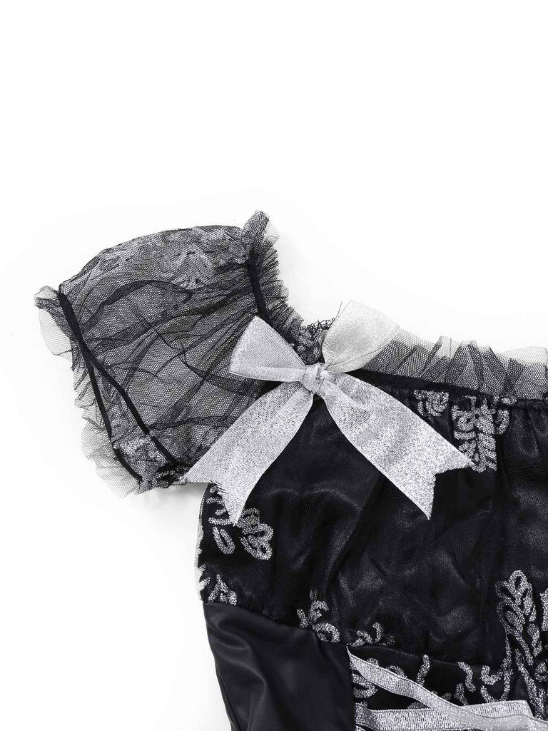 Schwarz 1970er Vampirbraut Schulterfrei Netz Kleid