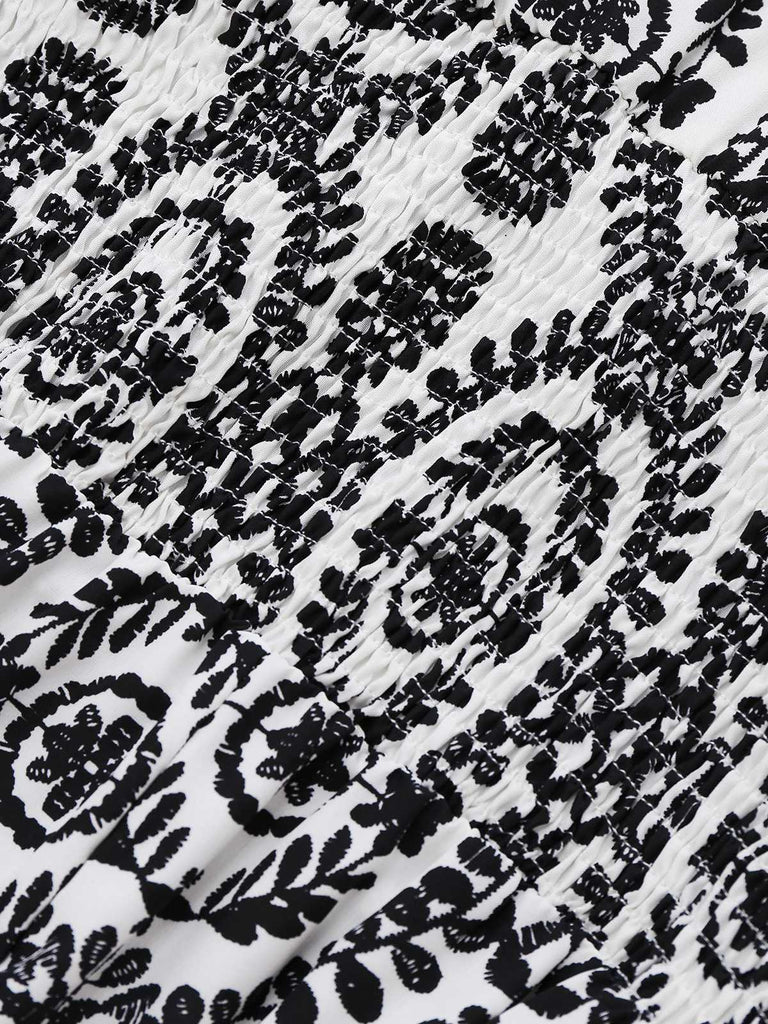 1970er V-Ausschnitt Boho Puffärmel Weites Bein Jumpsuit