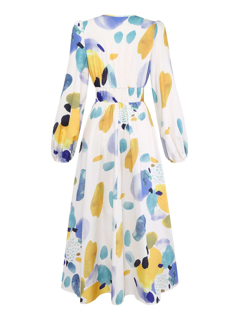 Multicolor 1970er V-Ausschnitt Boho Langarm Maxi Kleid