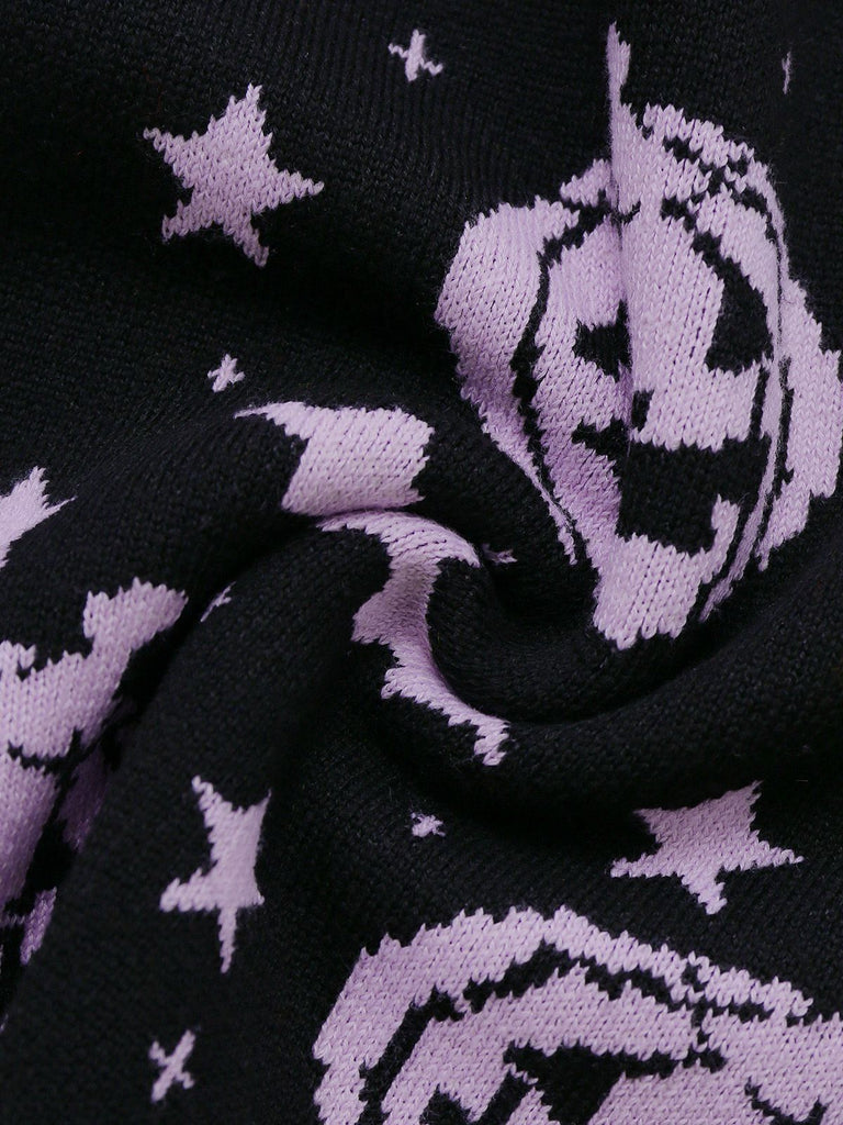 Schwarz 1970er Halloween Kürbis Schläger Strickpullover