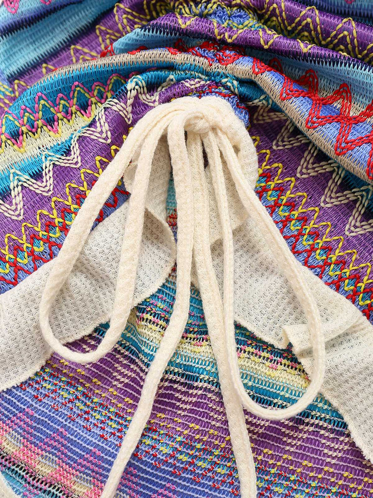 Lila 1970er Spaghetti Träger Boho Kordelzug Kleid