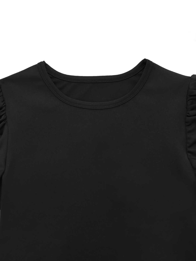 2PCS Schwarz 1970er Solide Top & Blätter Gedruckt Hosen