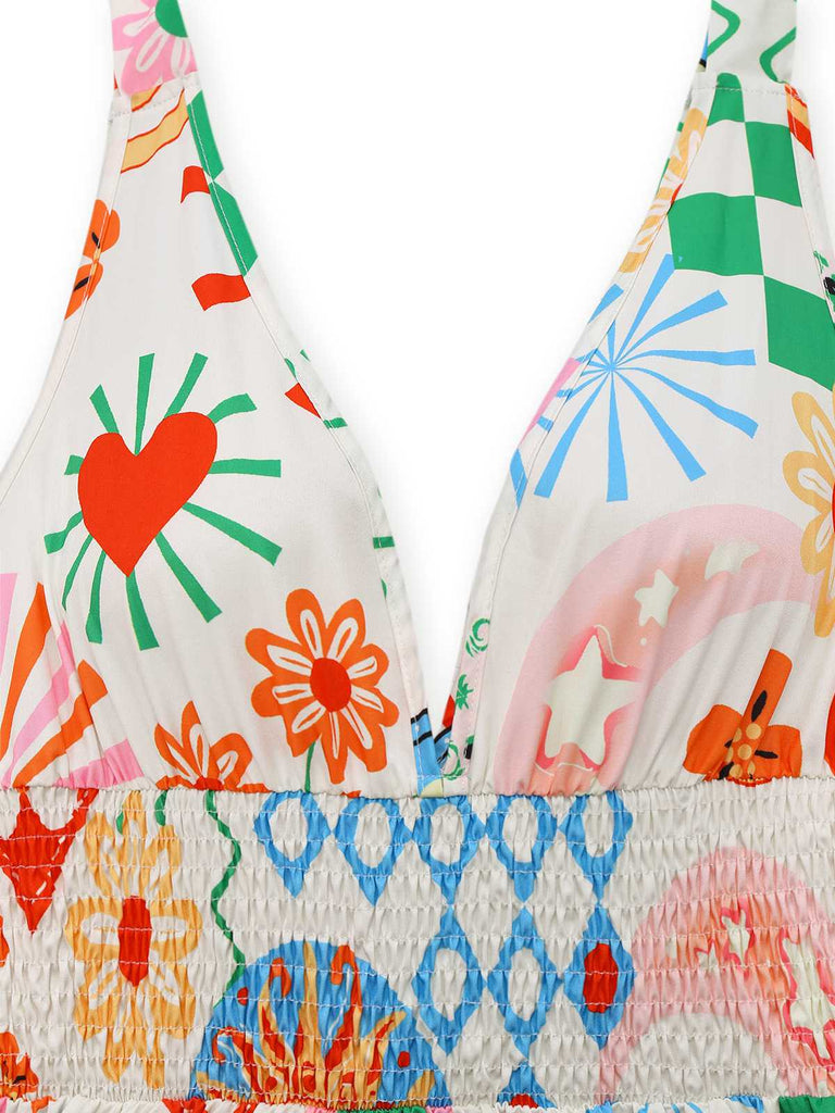 1970er V-Ausschnitt Boho Gesmokt Ärmellos Kleid