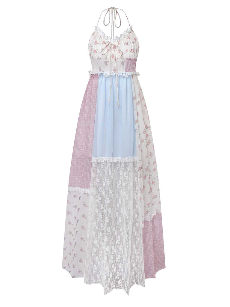 1970er Halter Boho Blumen Spitze Maxi Kleid