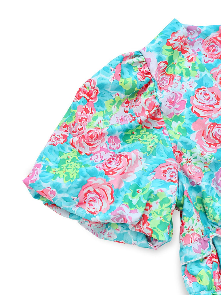 Grün 1970er Boho Blumen V-Ausschnitt Kleid