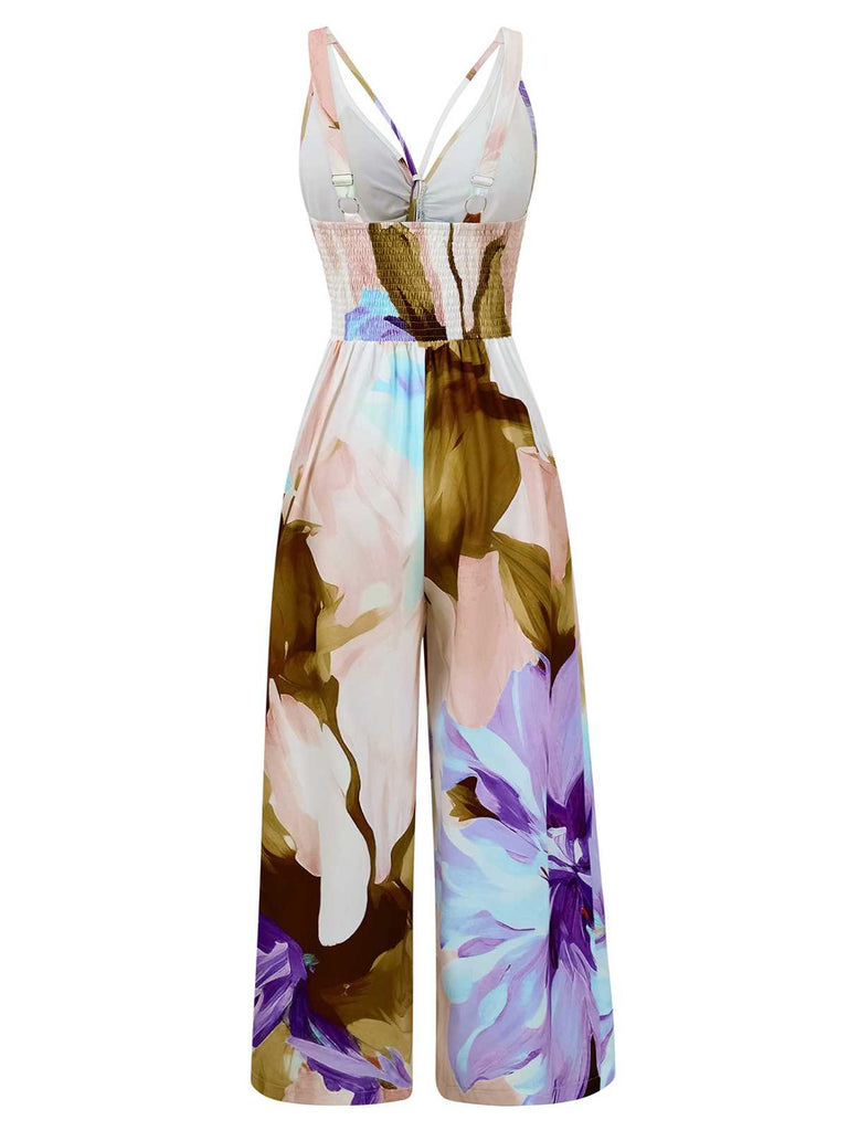 1970er Träger V-Ausschnitt Blumen Gesmokt Jumpsuit