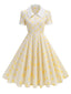 Beige 1950er Polka Dots Revers Tasten Kleid