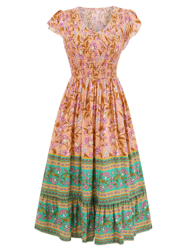 1970er Blumen Bedruckte Volantärmel Bohemian Kleid