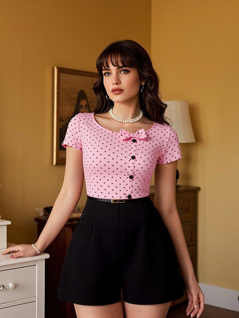 Rosa 1950er Polka Dot Bogen Romper