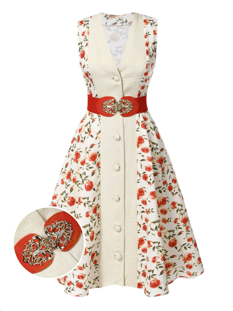 Beige & Rot 1950er Malerei Roses Gürtel Kleid