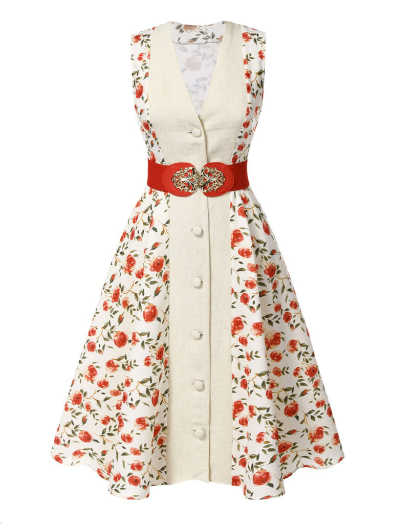 Beige & Rot 1950er Malerei Roses Gürtel Kleid
