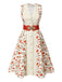 Beige & Rot 1950er Malerei Roses Gürtel Kleid