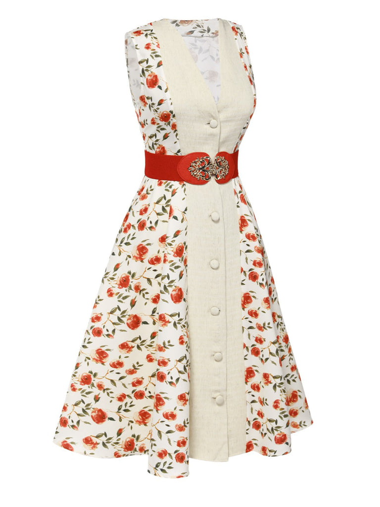 Beige & Rot 1950er Malerei Roses Gürtel Kleid