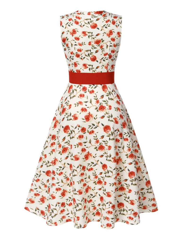 Beige & Rot 1950er Malerei Roses Gürtel Kleid