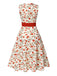 Beige & Rot 1950er Malerei Roses Gürtel Kleid
