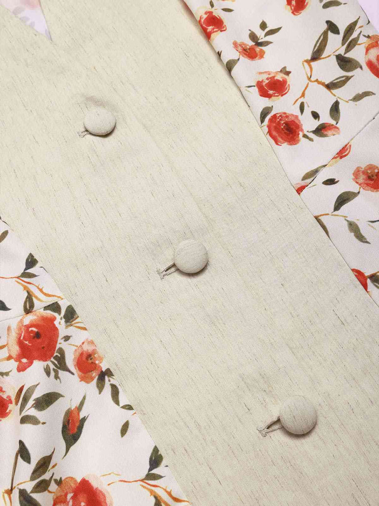Beige & Rot 1950er Malerei Roses Gürtel Kleid