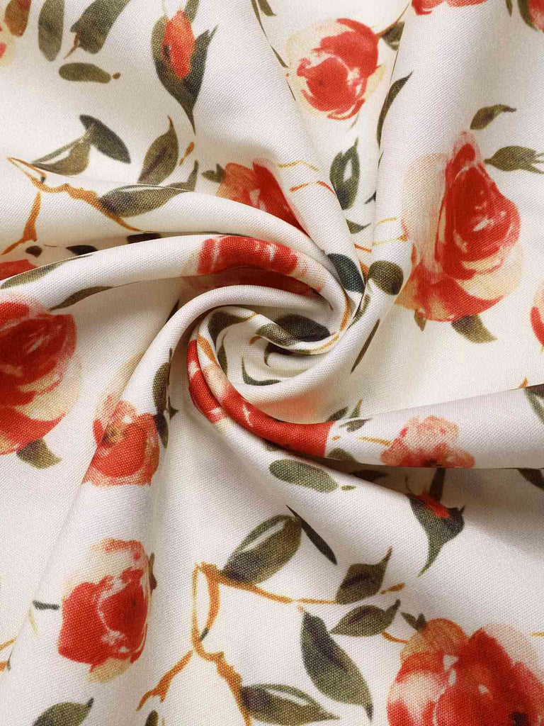 Beige & Rot 1950er Malerei Roses Gürtel Kleid