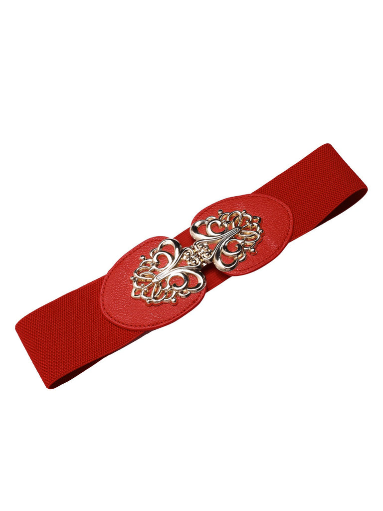 Beige & Rot 1950er Malerei Roses Gürtel Kleid