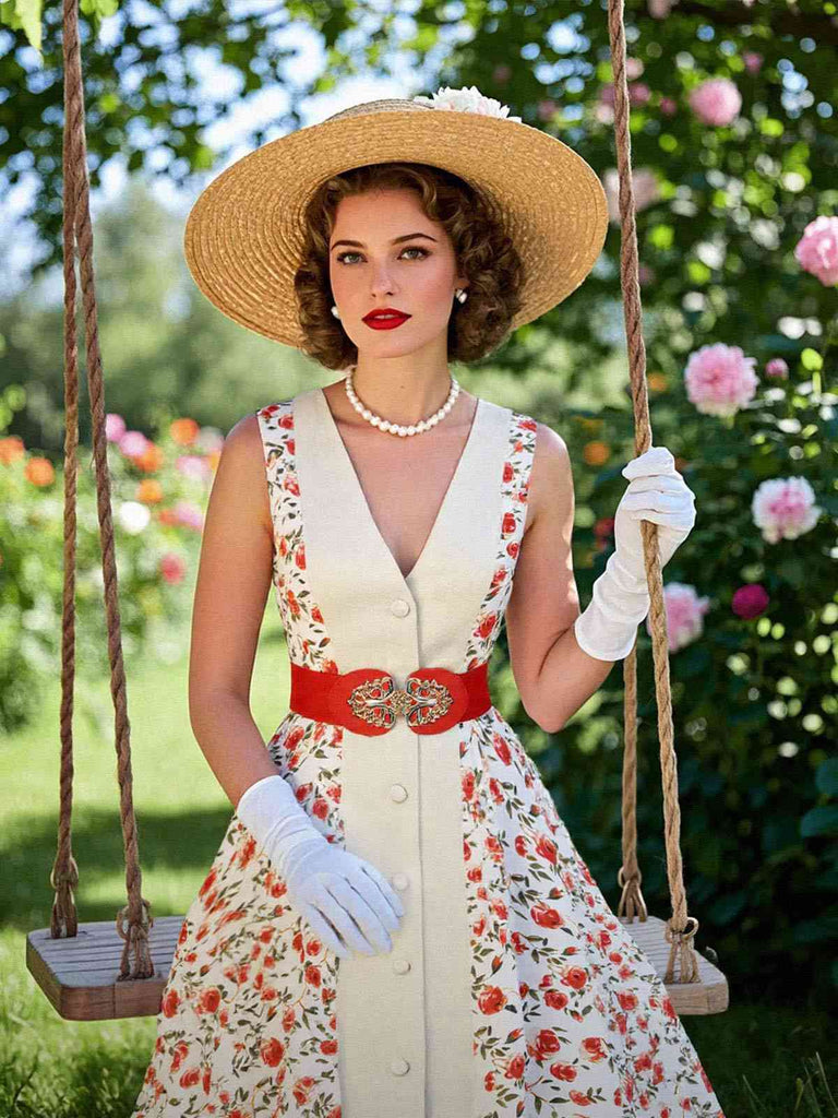 Beige & Rot 1950er Malerei Roses Gürtel Kleid