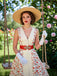 Beige & Rot 1950er Malerei Roses Gürtel Kleid