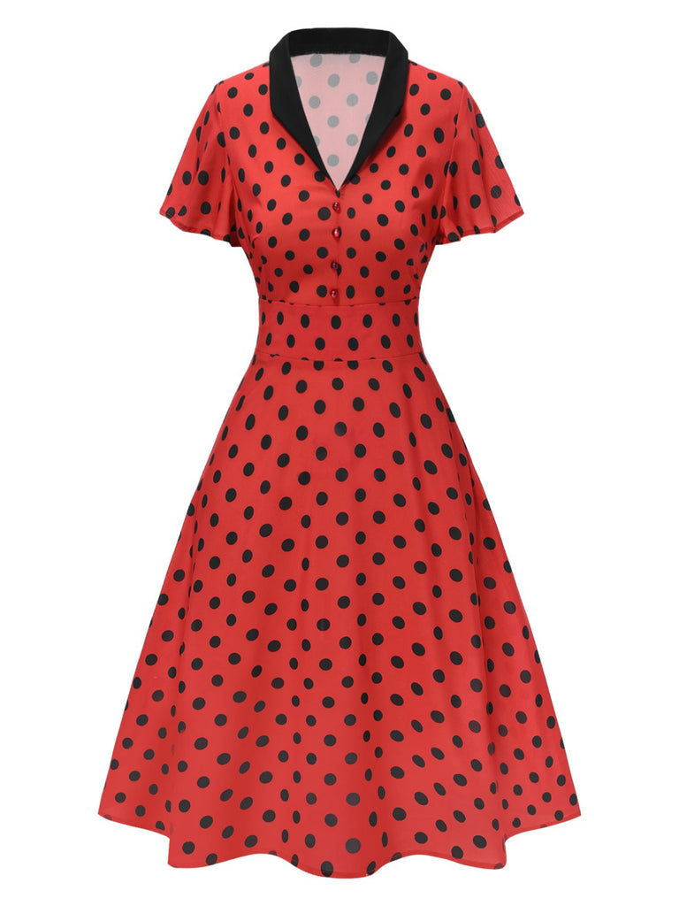 Tiefrot 1950er V-Ausschnitt Polka Dots Revers Kleid