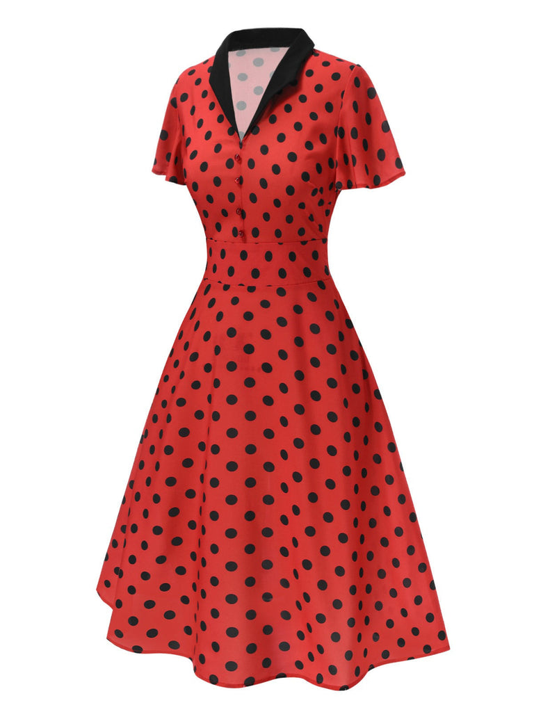 Tiefrot 1950er V-Ausschnitt Polka Dots Revers Kleid