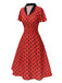 Tiefrot 1950er V-Ausschnitt Polka Dots Revers Kleid