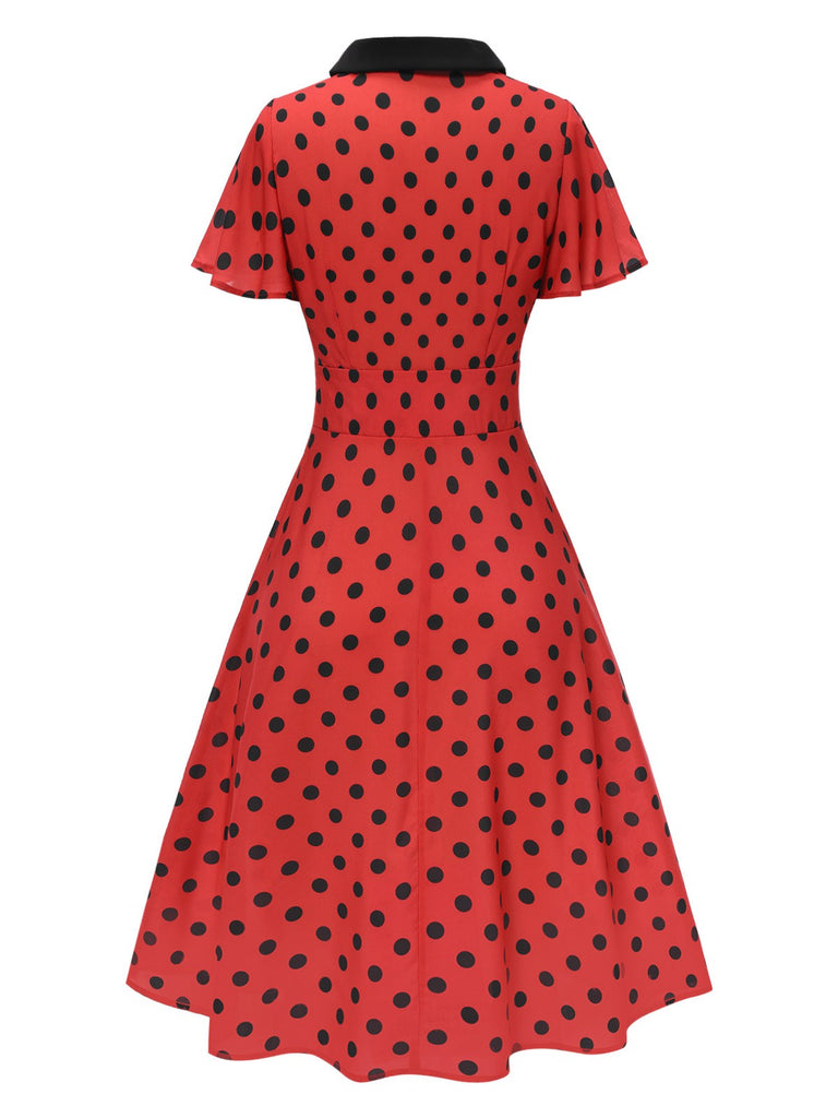 Tiefrot 1950er V-Ausschnitt Polka Dots Revers Kleid