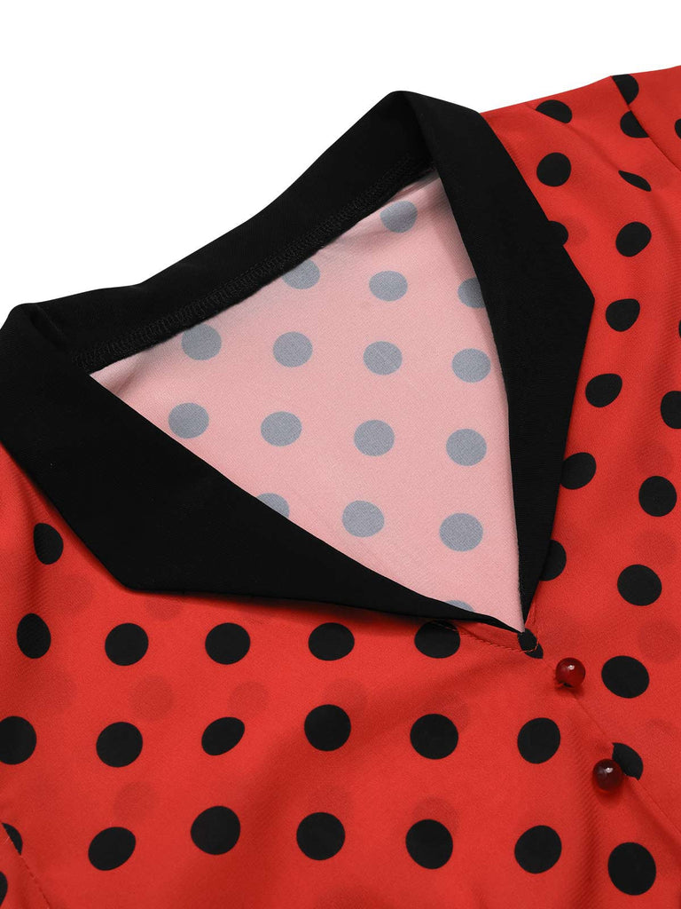 Tiefrot 1950er V-Ausschnitt Polka Dots Revers Kleid