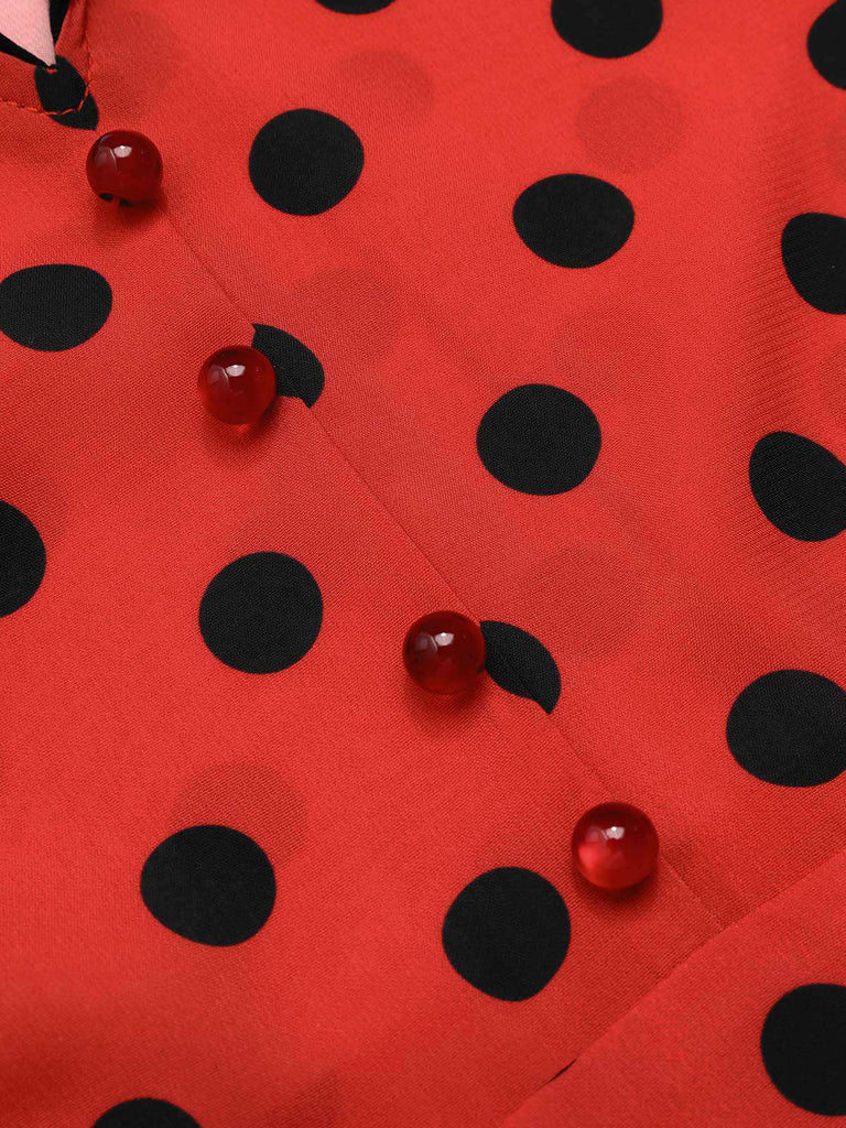 Tiefrot 1950er V-Ausschnitt Polka Dots Revers Kleid