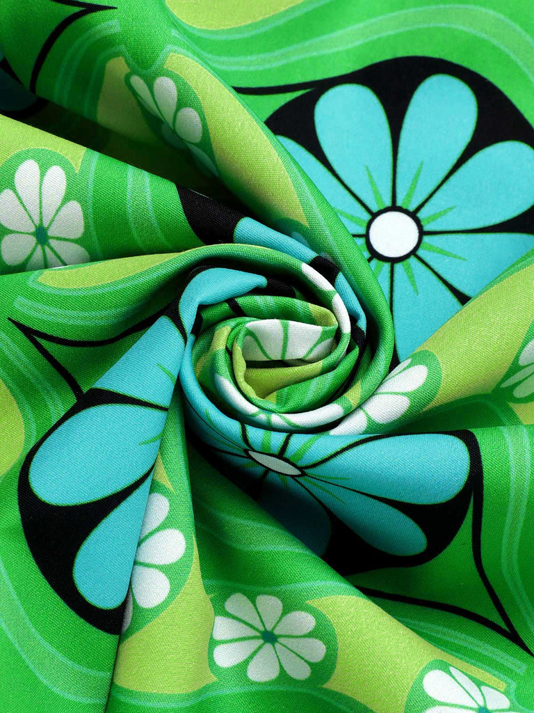 2PCS Grün 1960er Revers Stricken Bluse & Blumen Rock