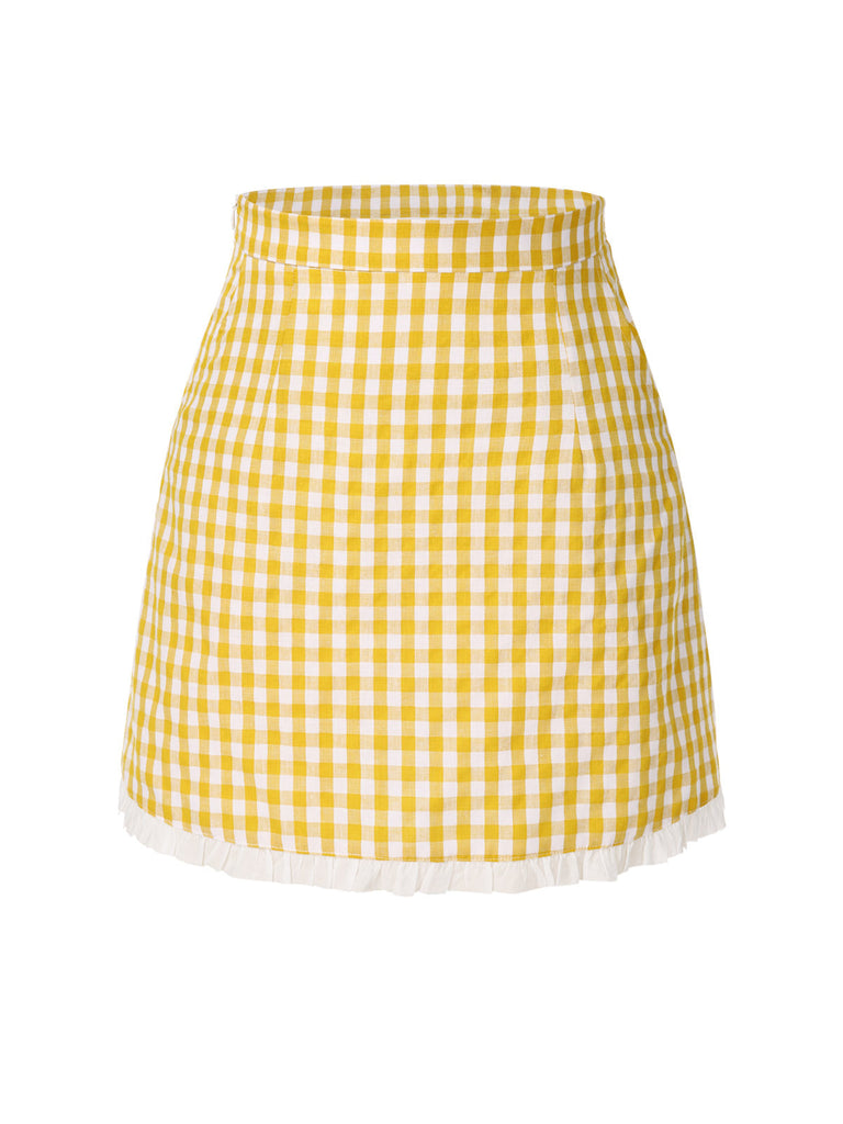 Gelb 1960er Rüschen Plaid Rock